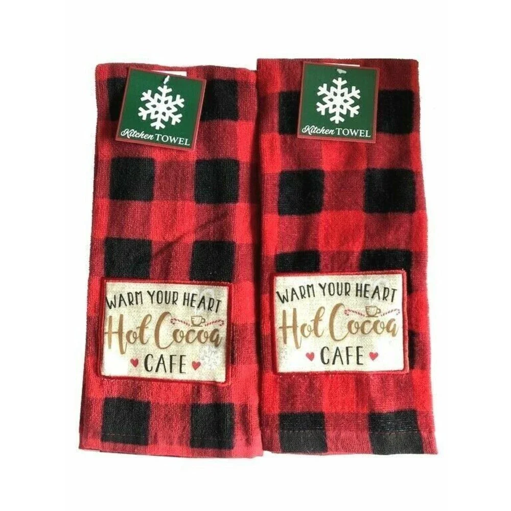 Christmas Kitchen Dish Towels Set of 2 Buffalo Plaid Check Red Black 100% Cotton